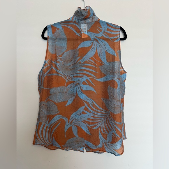 CABI #6525 Tropical Top Ruffled Buttoned Sleeveless Copper Blue NWOT Size L - Picture 3 of 5